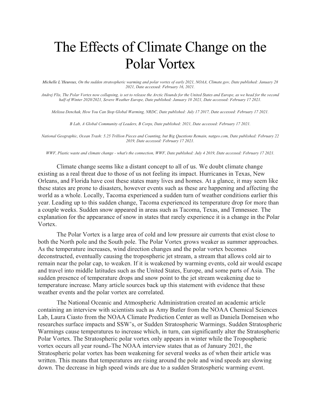 The Effects of Climate Change on the Polar Vortex