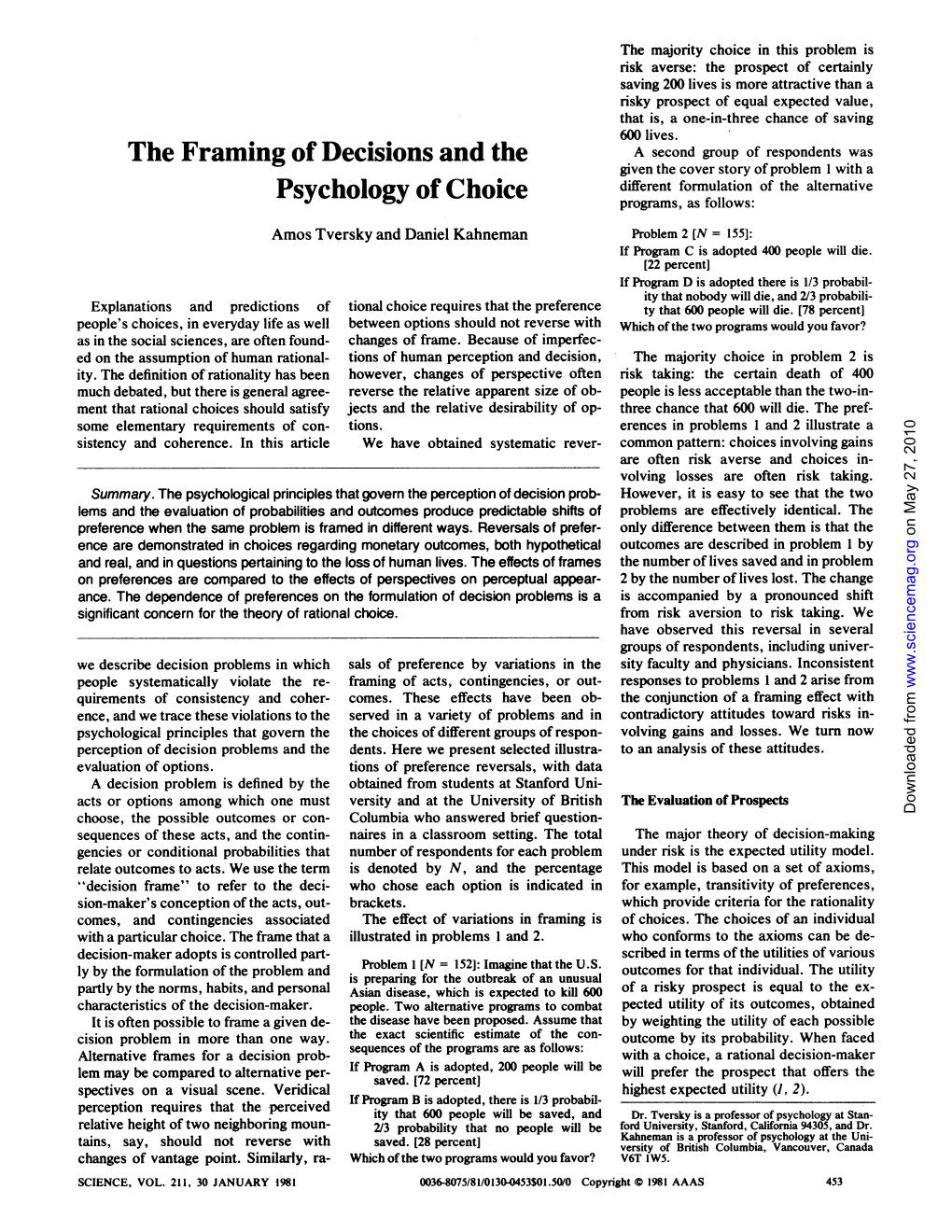 The Framing of Decisions and the Psychology of Choice