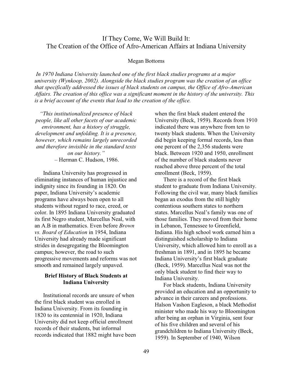 The Creation of the Office of Afro-American Affairs at Indiana University