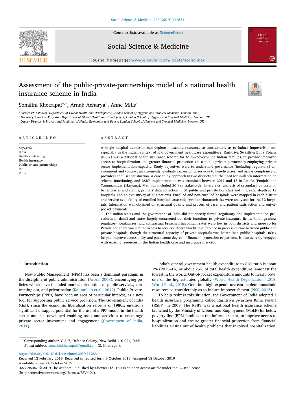 Assessment of the Public-Private-Partnerships Model of a National Health Insurance Scheme in India T