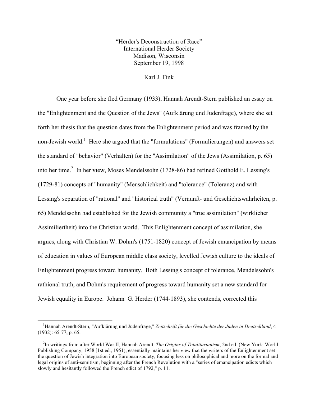 “Herder's Deconstruction of Race” International Herder Society Madison, Wisconsin September 19, 1998 Karl J. Fink One Year B