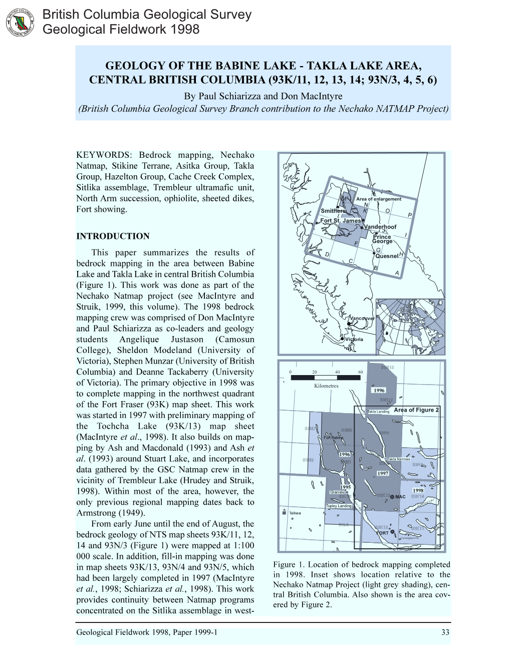 British Columbia Geological Survey Geological Fieldwork 1998