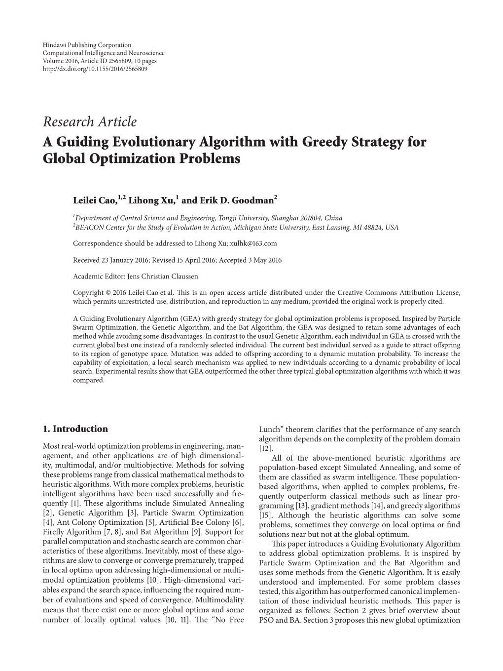 Research Article a Guiding Evolutionary Algorithm with Greedy Strategy for Global Optimization Problems