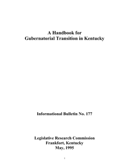 A Handbook for Gubernatorial Transition in Kentucky