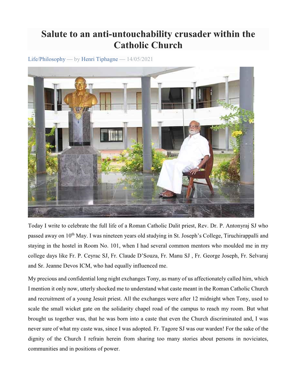 Salute to an Anti-Untouchability Crusader Within the Catholic Church