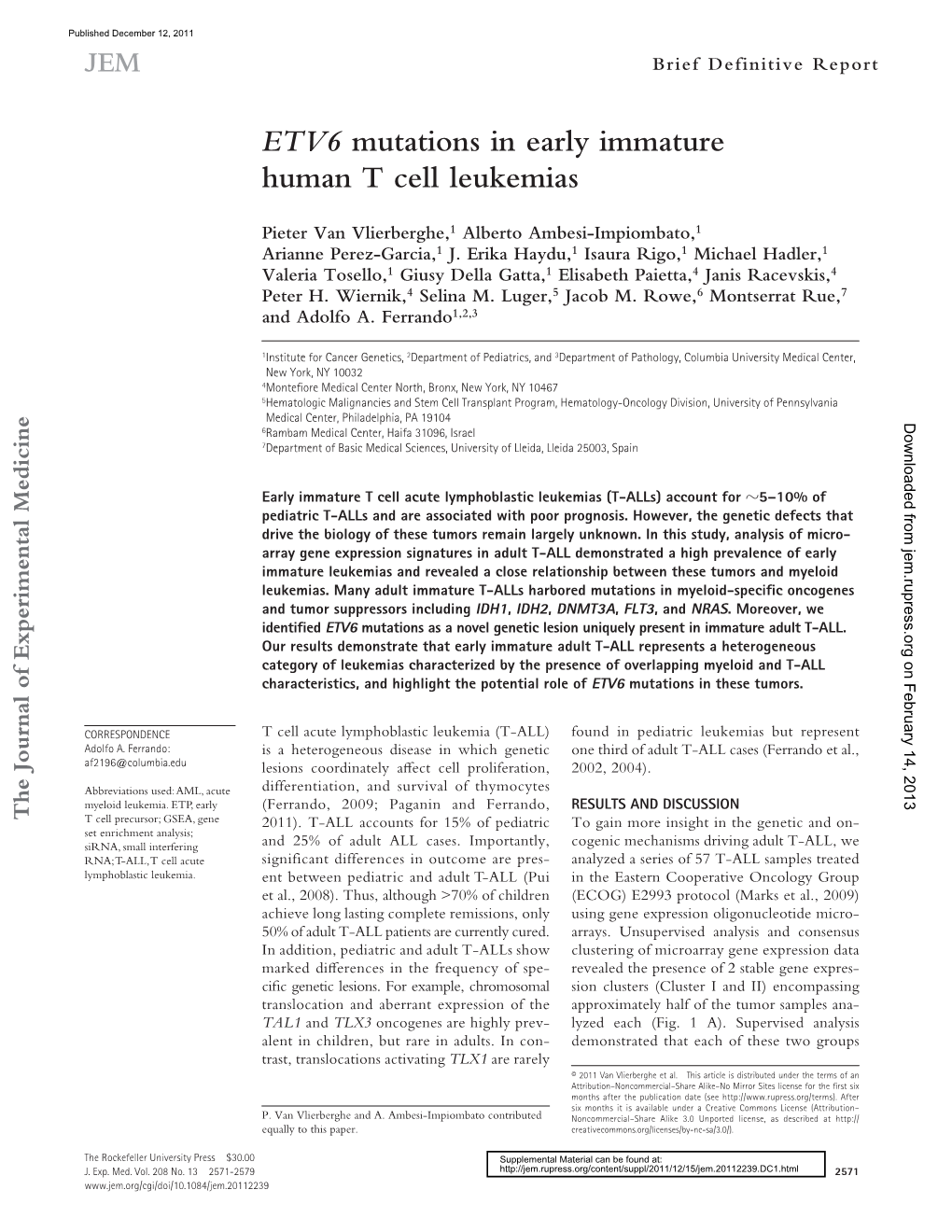 ETV6 Mutations in Early Immature Human T Cell Leukemias