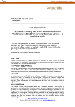 Buddhism, Diversity and ‘Race’: Multiculturalism and Western Convert Buddhist Movements in East London – a Qualitative Study