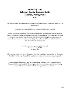 No Wrong Door Lebanon County Resource Guide Lebanon, Pennsylvania 2017