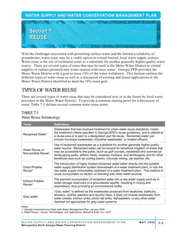 Types of Water Reuse As Well As a Discussion of Existing and Future Applications in the Metro Water District Identified to Meet the 10% Reuse Goal