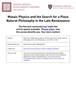 Mosaic Physics and the Search for a Pious Natural Philosophy in the Late Renaissance