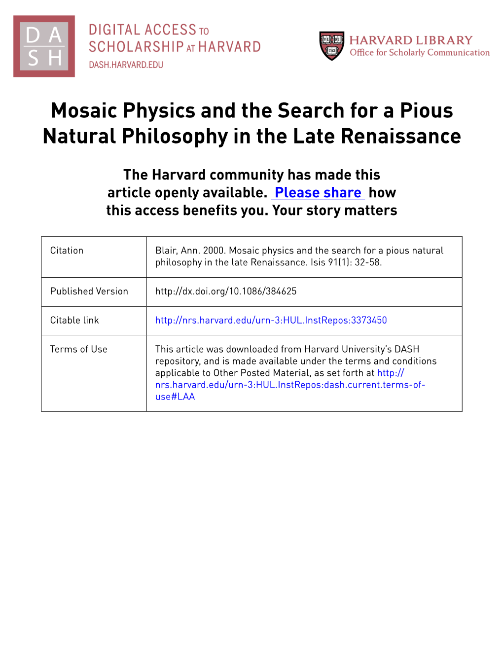 Mosaic Physics and the Search for a Pious Natural Philosophy in the Late Renaissance