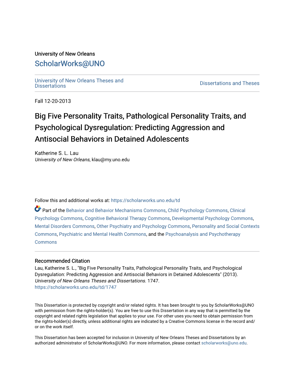 Big Five Personality Traits, Pathological Personality Traits, and Psychological Dysregulation: Predicting Aggression and Antisocial Behaviors in Detained Adolescents