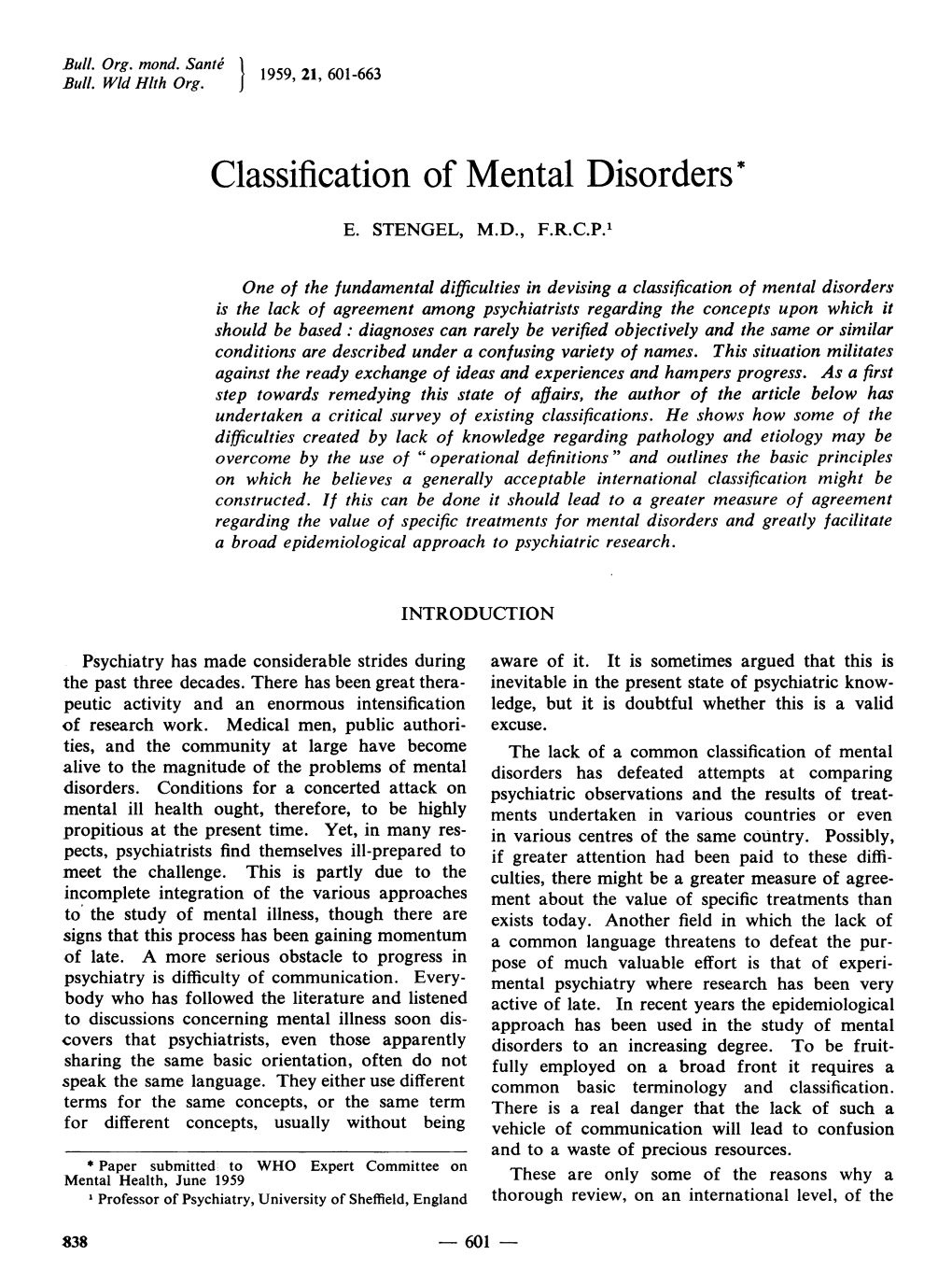Classification of Mental Disorders