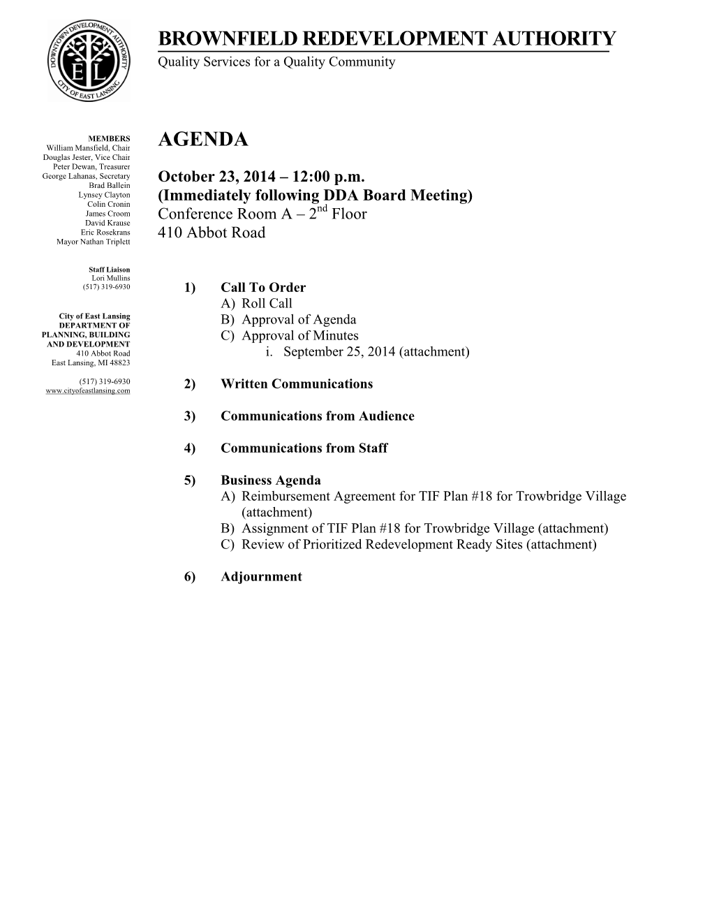 Brownfield Redevelopment Authority Agenda – 9/25/2014 - Page 1 of 3