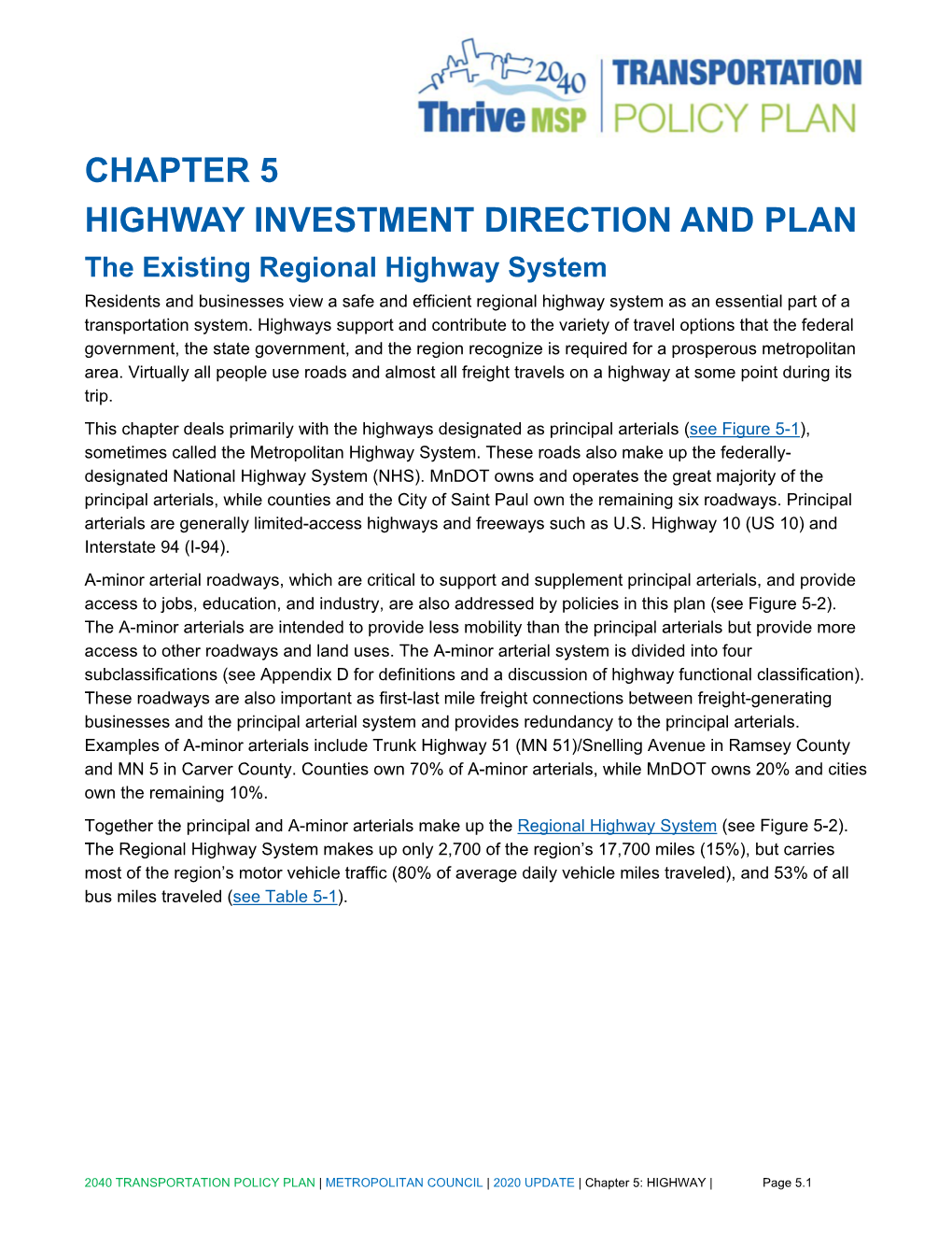 Chapter 5 Highway Investment Direction and Plan