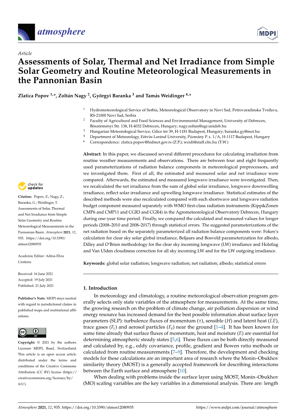 Assessments of Solar, Thermal and Net Irradiance from Simple Solar Geometry and Routine Meteorological Measurements in the Pannonian Basin