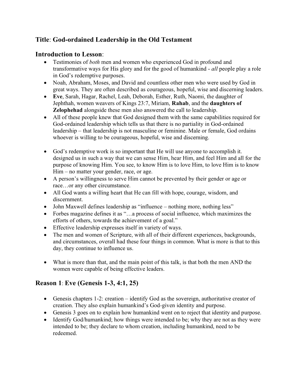 Title: God-Ordained Leadership in the Old Testament Introduction to Lesson: Reason 1: Eve (Genesis 1-3, 4:1