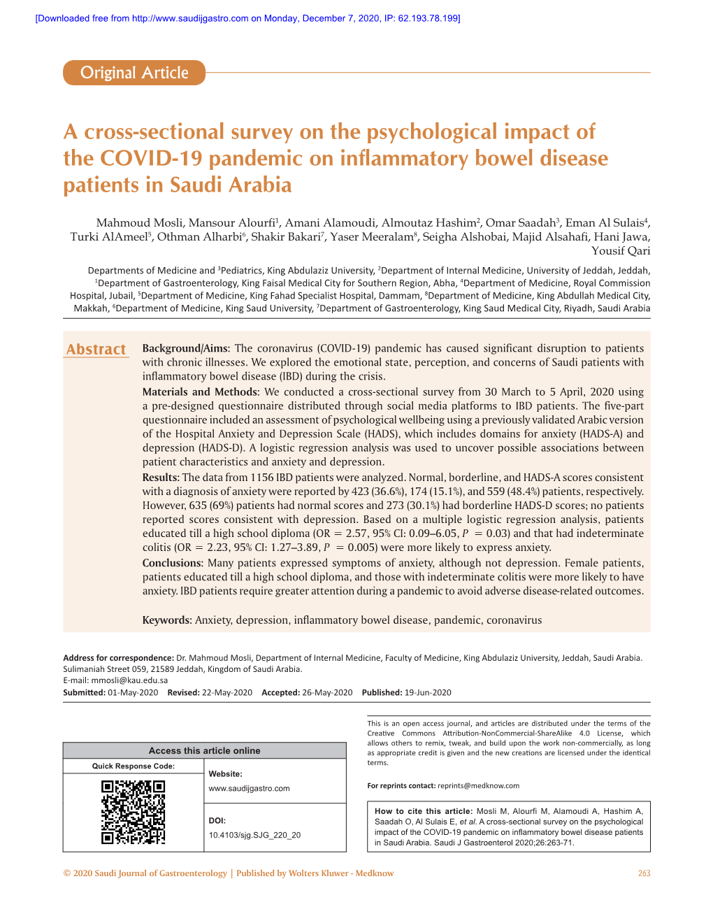 A Cross‑Sectional Survey on the Psychological Impact of the COVID‑19 Pandemic on Inflammatory Bowel Disease Patients in Saudi Arabia