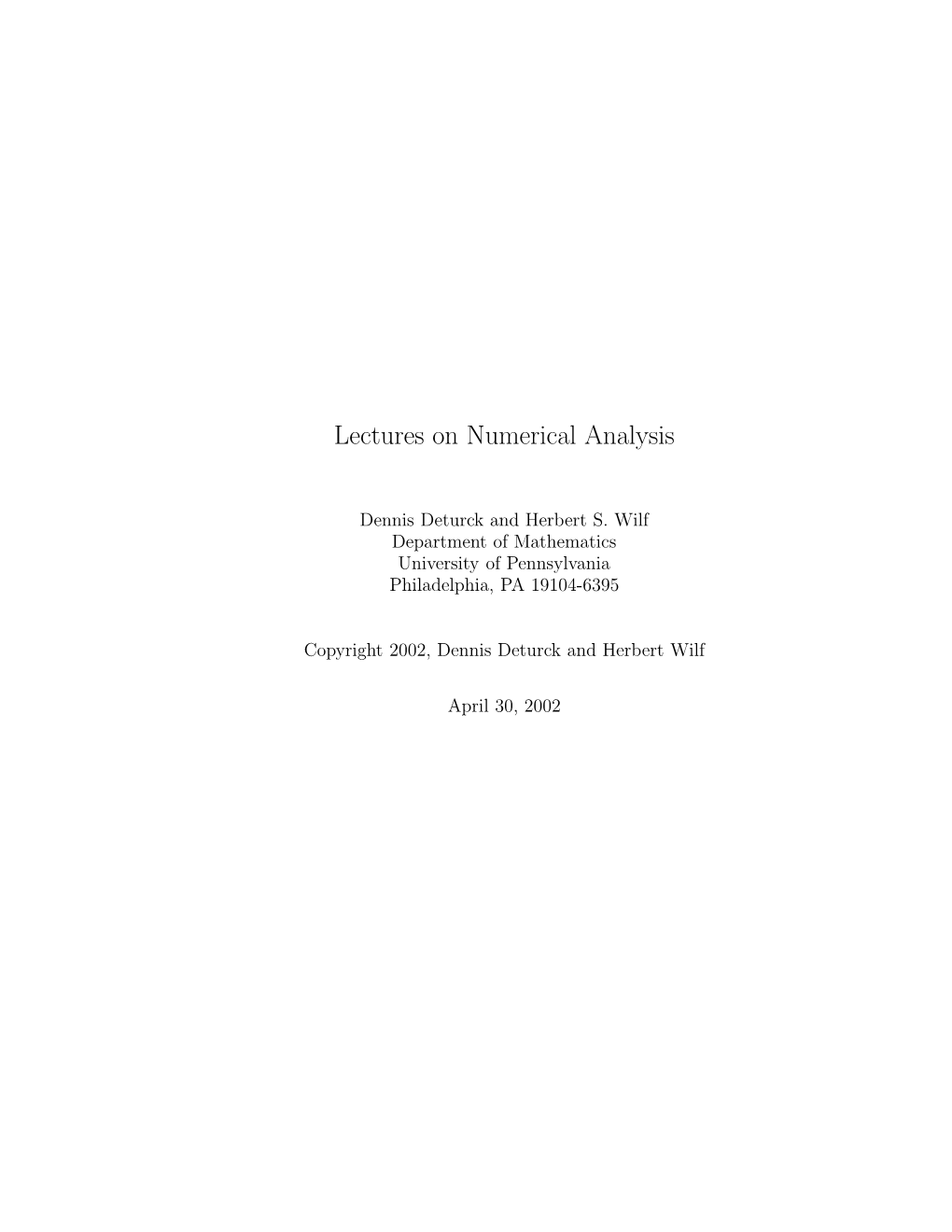 Lectures on Numerical Analysis