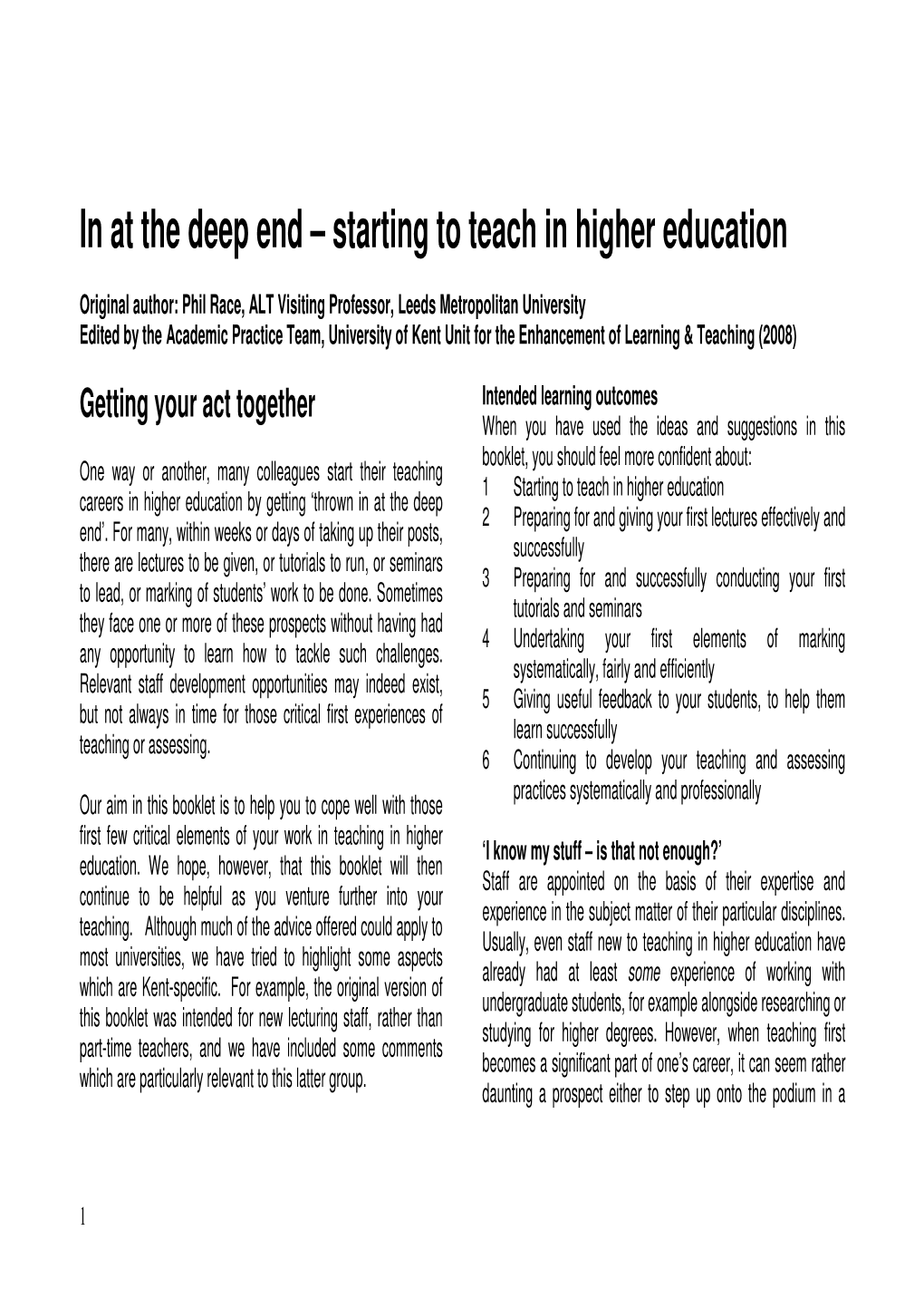 In at the Deep End – Starting to Teach in Higher Education