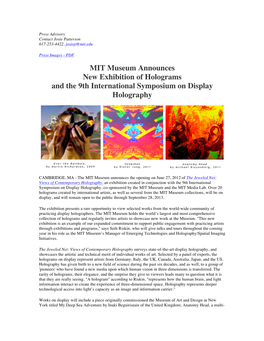 MIT Museum Announces New Exhibition of Holograms and the 9Th International Symposium on Display Holography