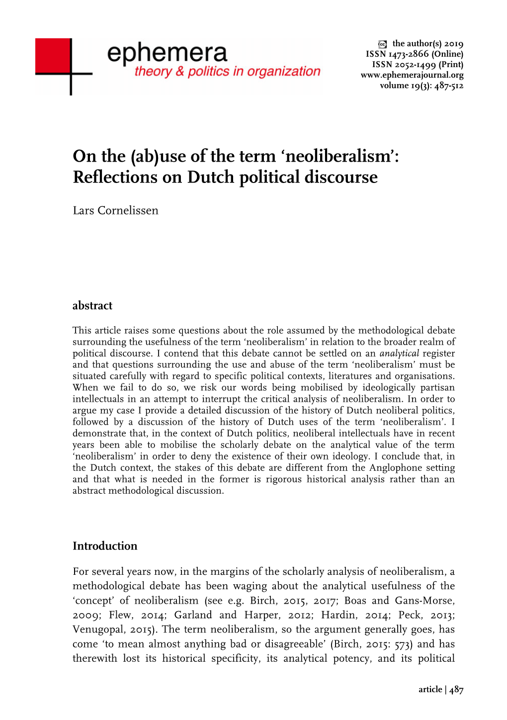 Neoliberalism’: Reflections on Dutch Political Discourse