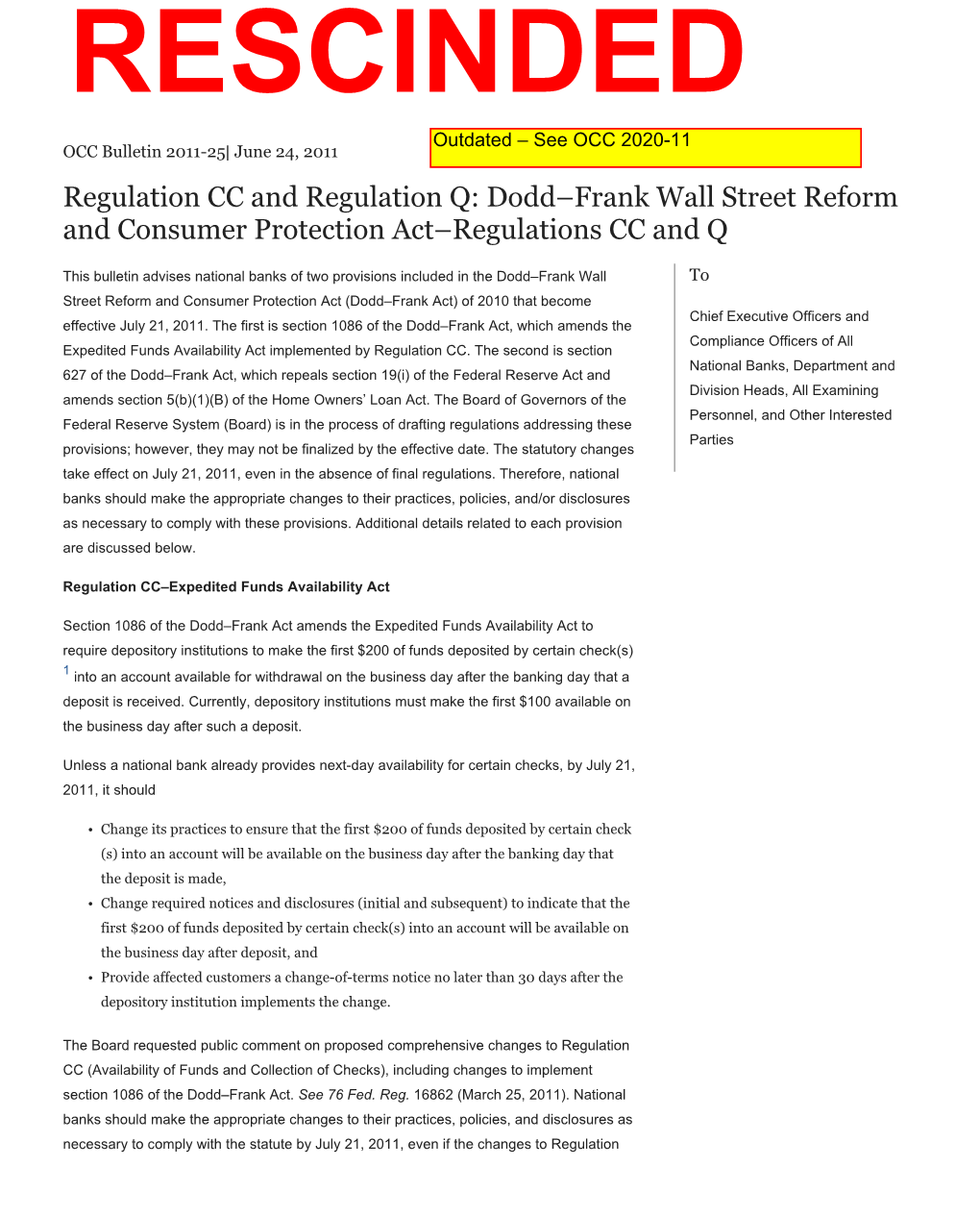 Dodd–Frank Wall Street Reform and Consumer Protection Act–Regulations CC and Q