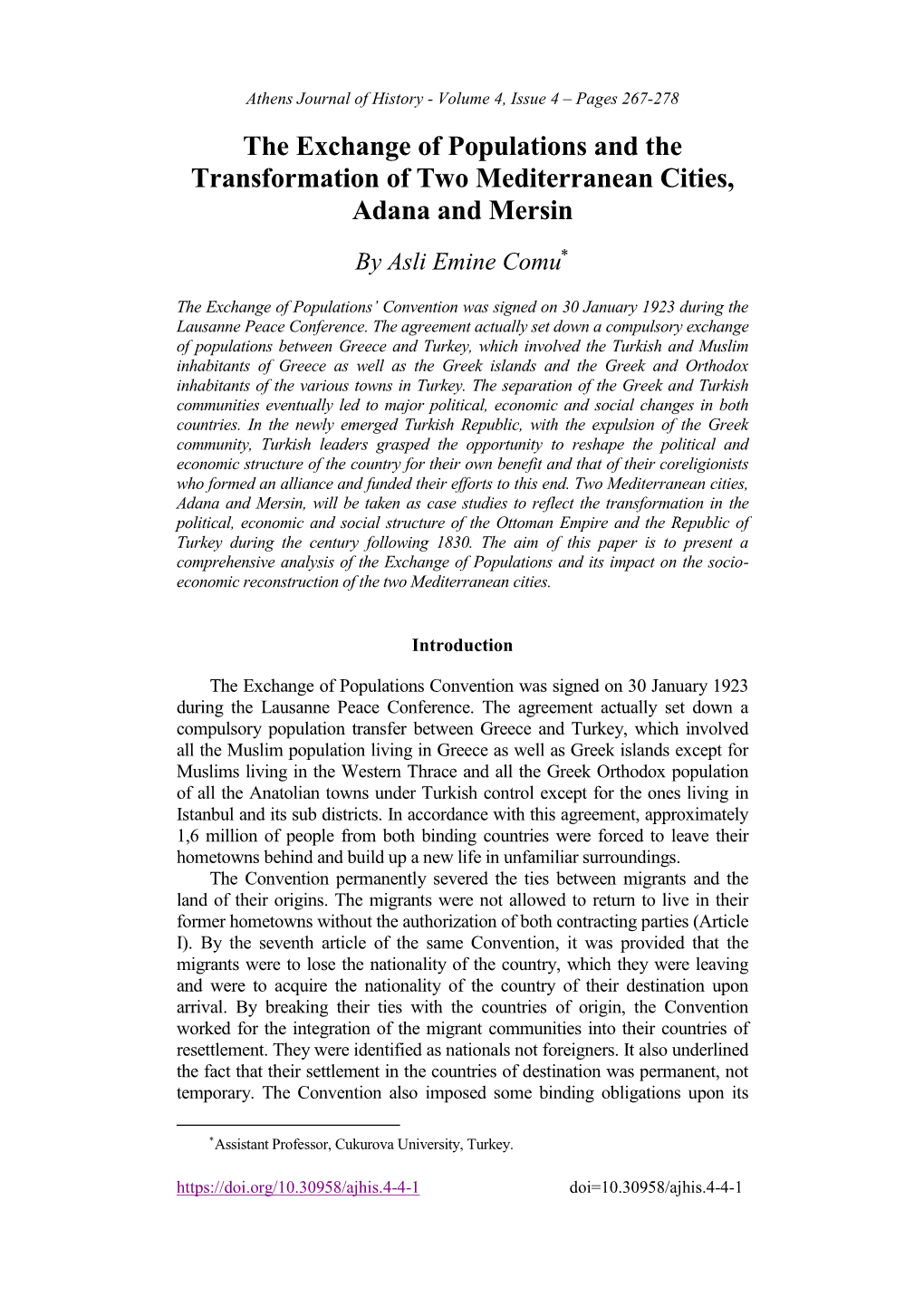 The Exchange of Populations and the Transformation of Two Mediterranean Cities, Adana and Mersin
