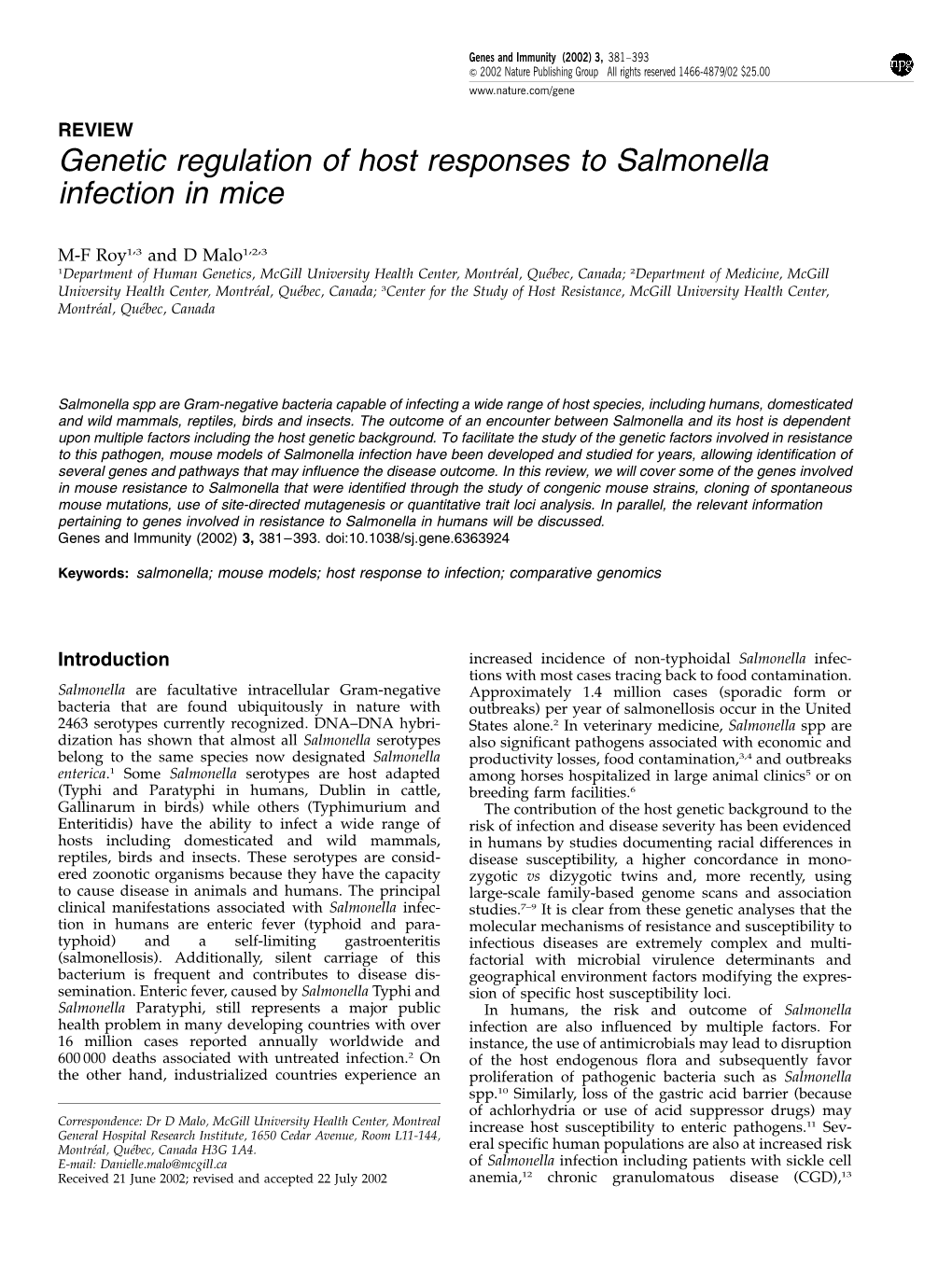 Genetic Regulation of Host Responses to Salmonella Infection in Mice
