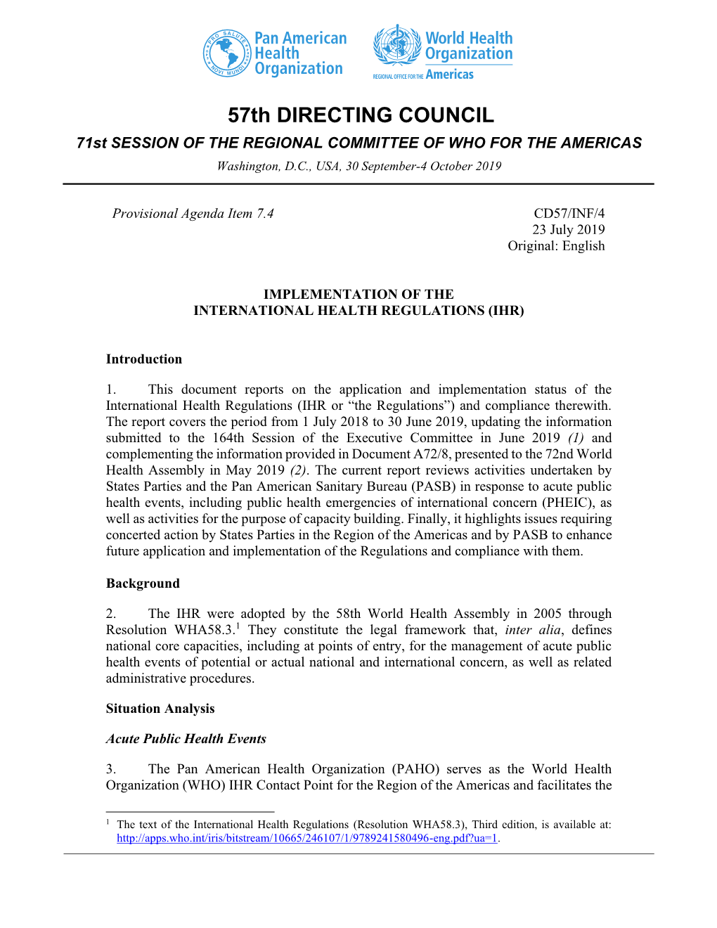 57Th DIRECTING COUNCIL 71St SESSION of the REGIONAL COMMITTEE of WHO for the AMERICAS Washington, D.C., USA, 30 September-4 October 2019