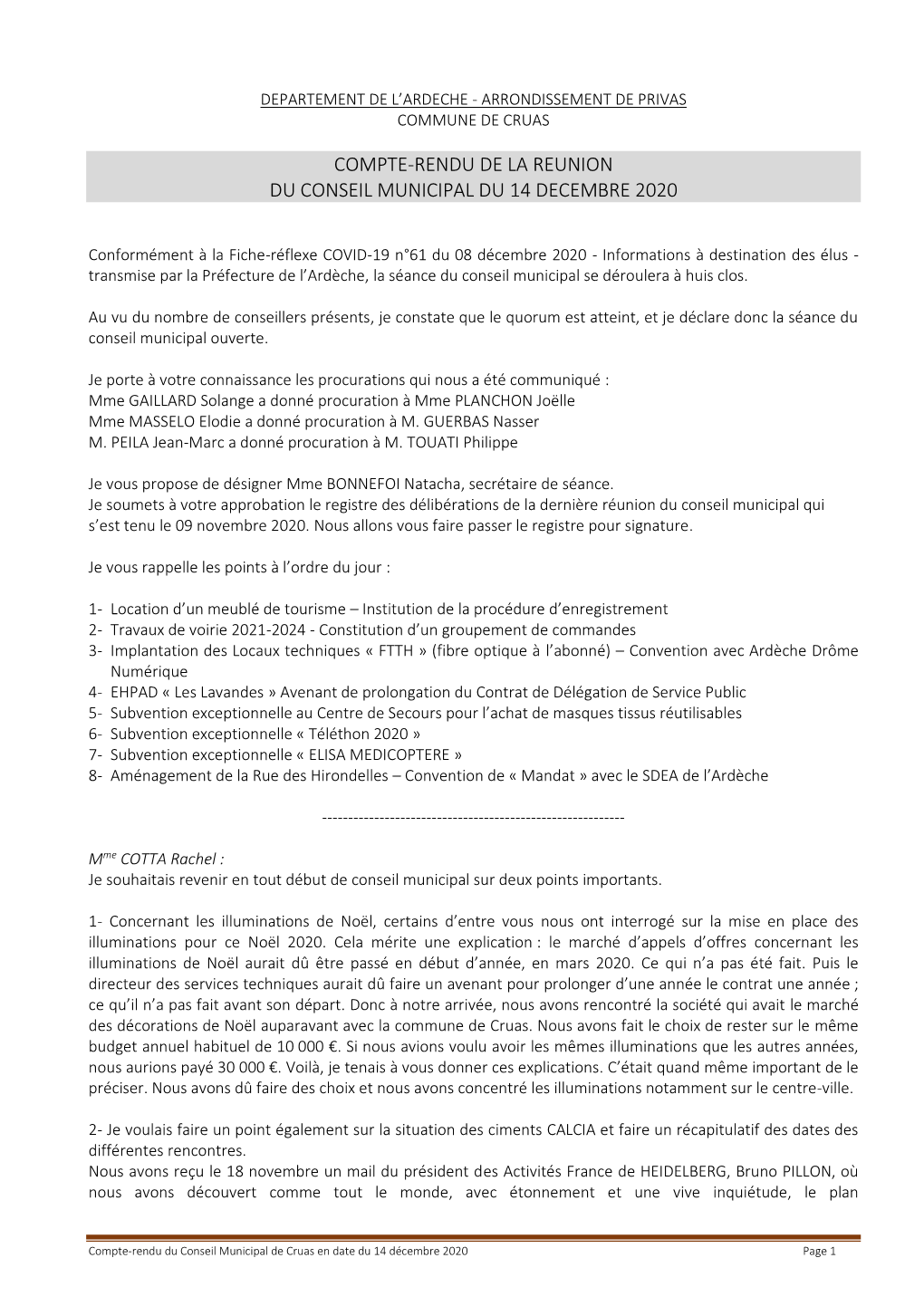 Compte-Rendu De La Reunion Du Conseil Municipal Du 14 Decembre 2020