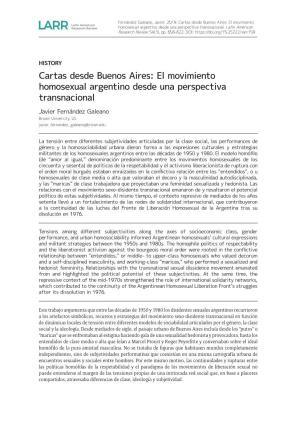 Cartas Desde Buenos Aires: El Movimiento Homosexual Argentino Desde Una Perspectiva Transnacional