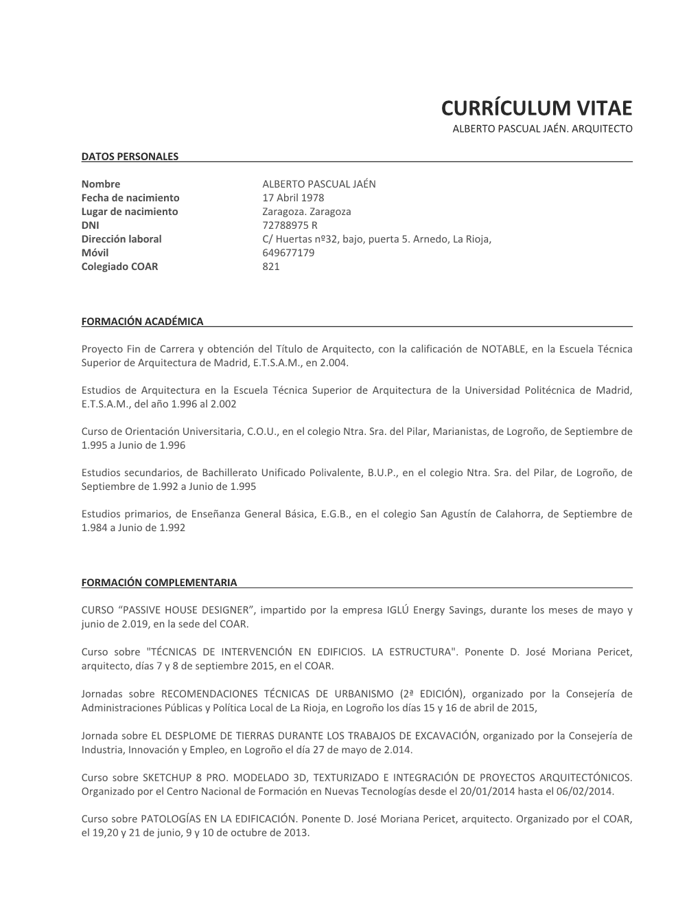 Currículum Vitae Alberto Pascual Jaén