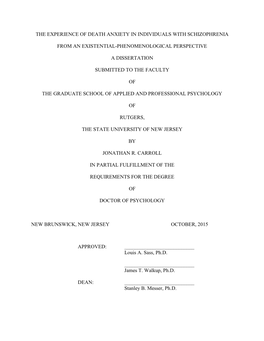 The Experience of Death Anxiety in Individuals with Schizophrenia