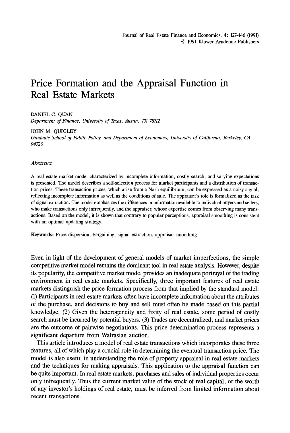 Price Formation and the Appraisal Function in Real Estate Markets