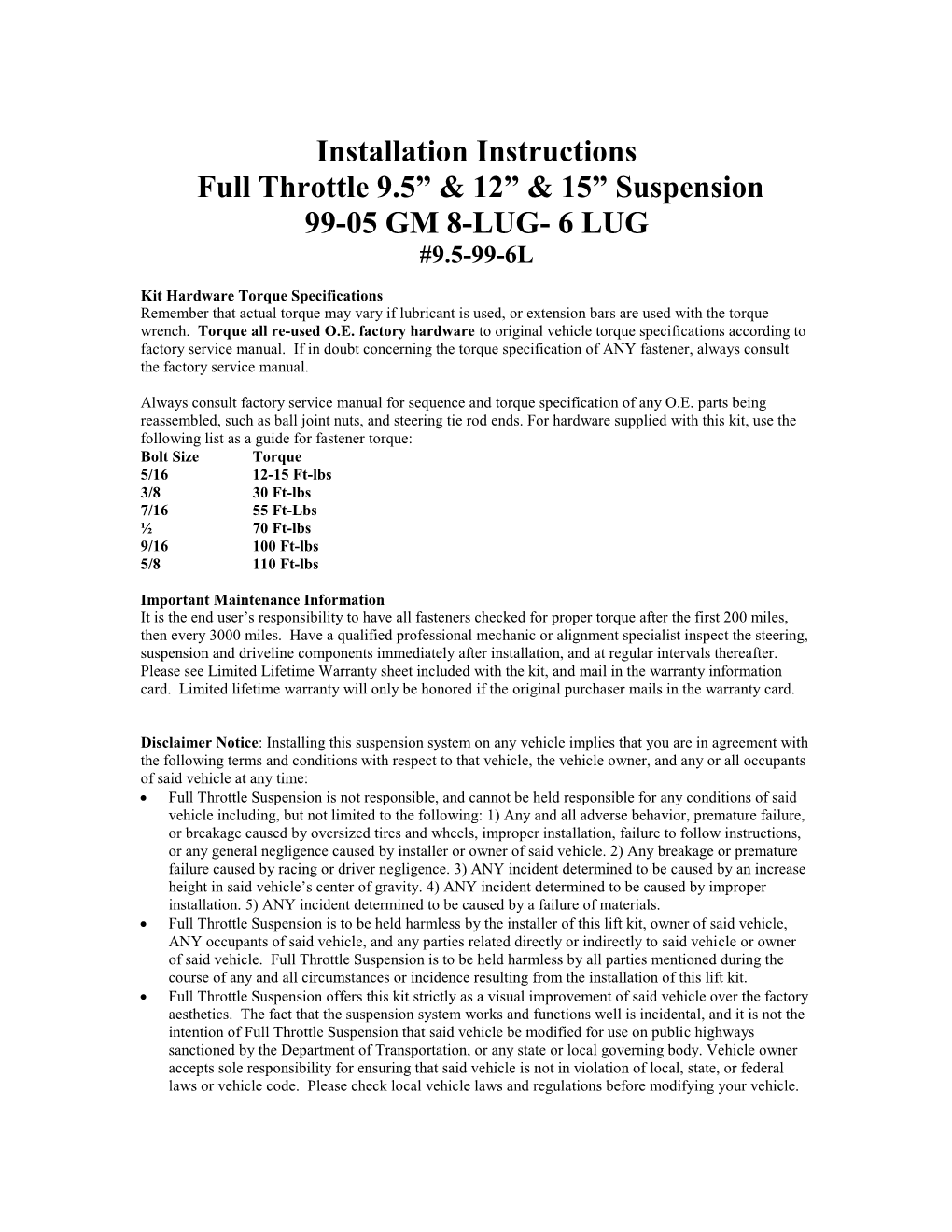 Installation Instructions Full Throttle 9.5” & 12” & 15” Suspension 99-05