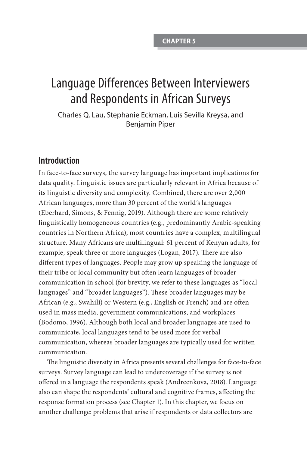Language Differences Between Interviewers and Respondents in African Surveys Charles Q