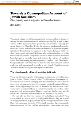 Towards a Cosmopolitan Account of Jewish Socialism Class, Identity and Immigration in Edwardian London Ben Gidley