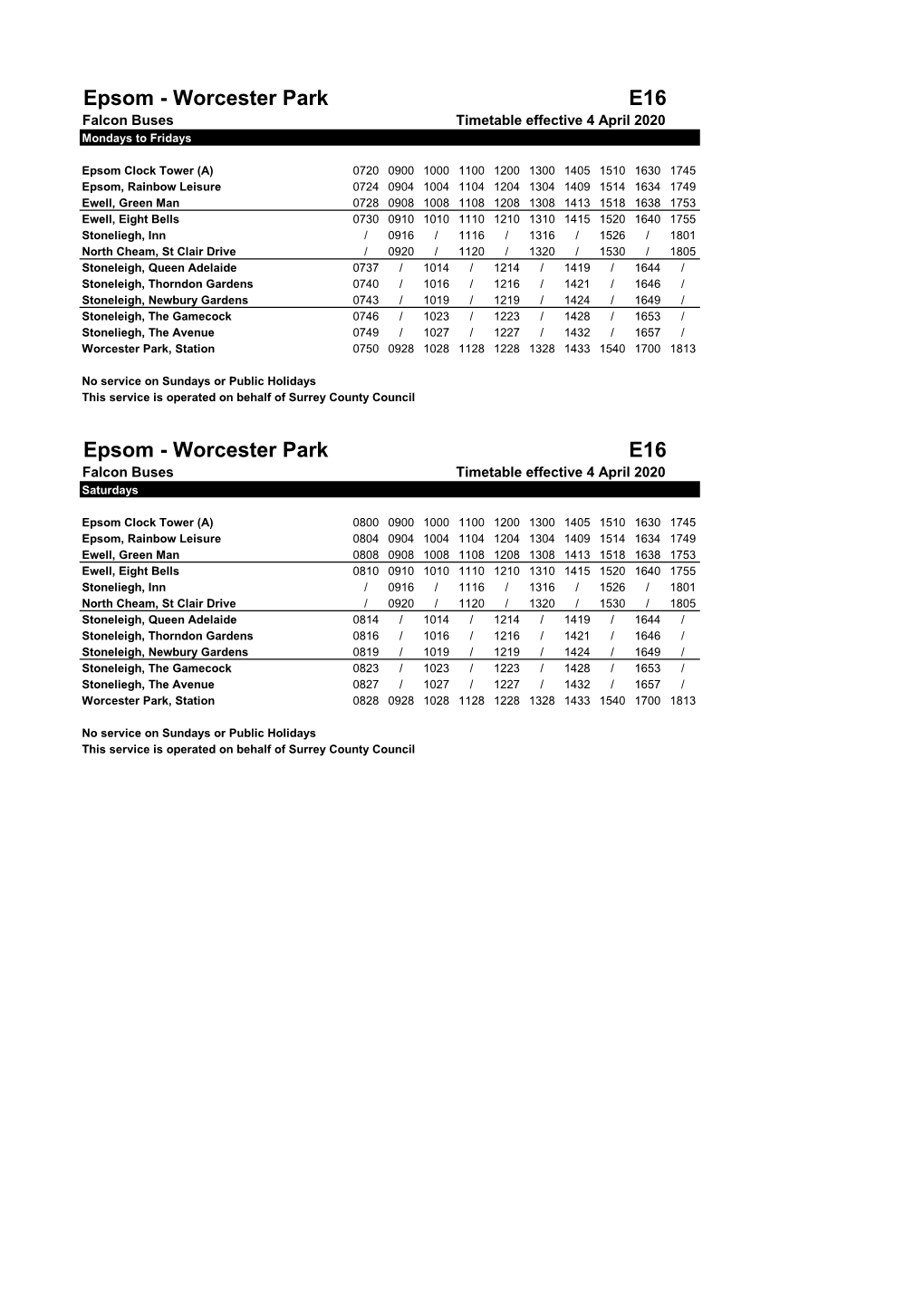 Epsom - Worcester Park E16 Falcon Buses Timetable Effective 4 April 2020 Mondays to Fridays