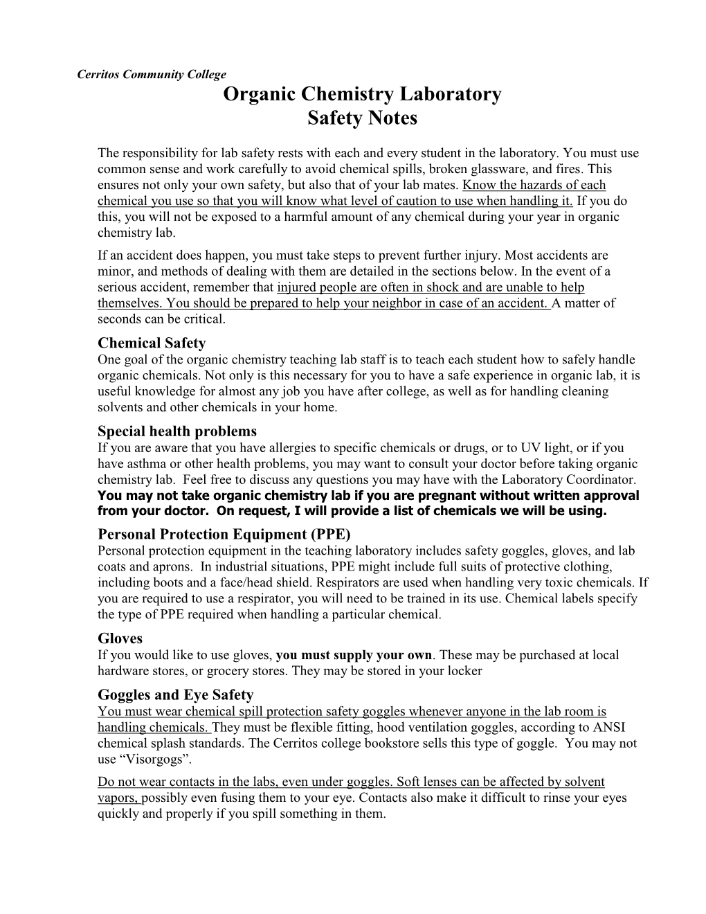 Organic Chemistry Laboratory Safety Notes