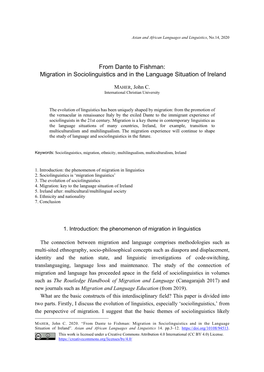 From Dante to Fishman: Migration in Sociolinguistics and in the Language Situation of Ireland