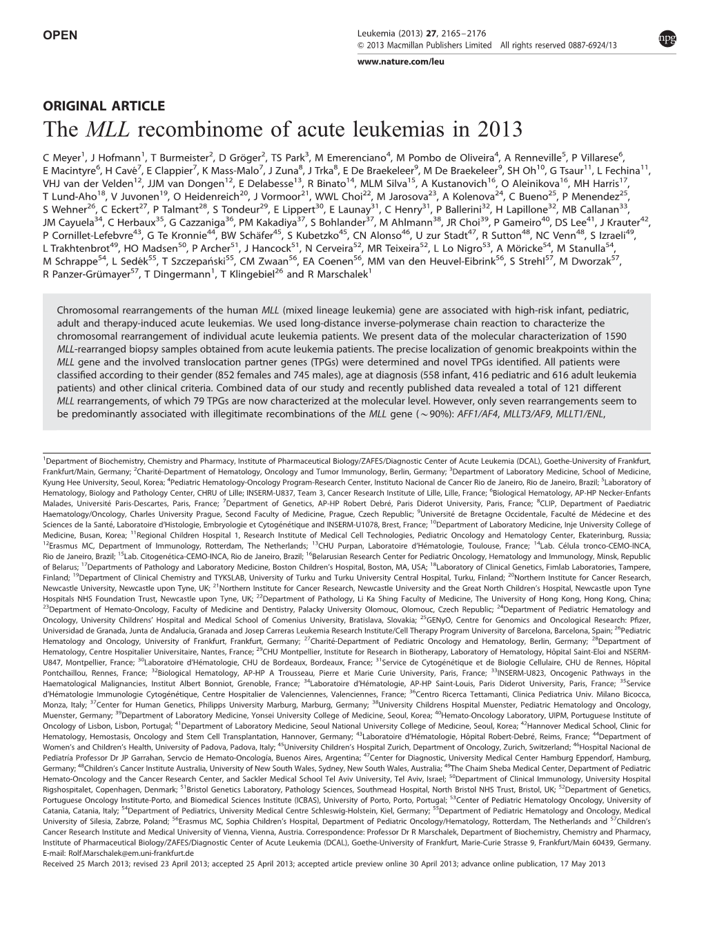 The MLL Recombinome of Acute Leukemias in 2013