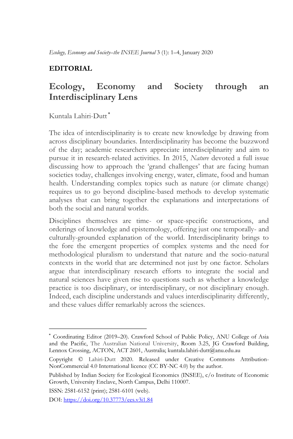 Ecology, Economy and Society Through an Interdisciplinary Lens