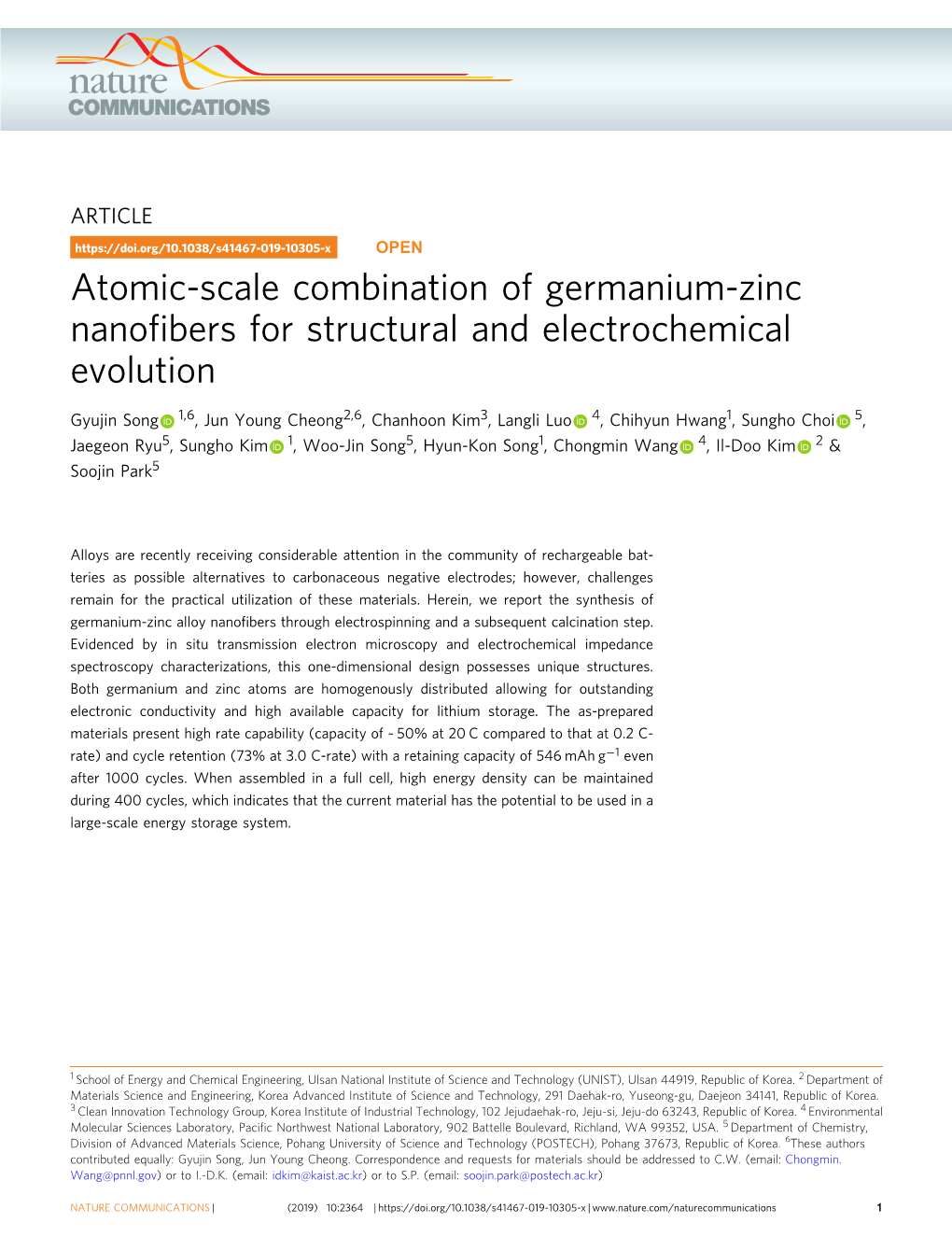 Atomic-Scale Combination of Germanium-Zinc Nanofibers for Structural and Electrochemical Evolution