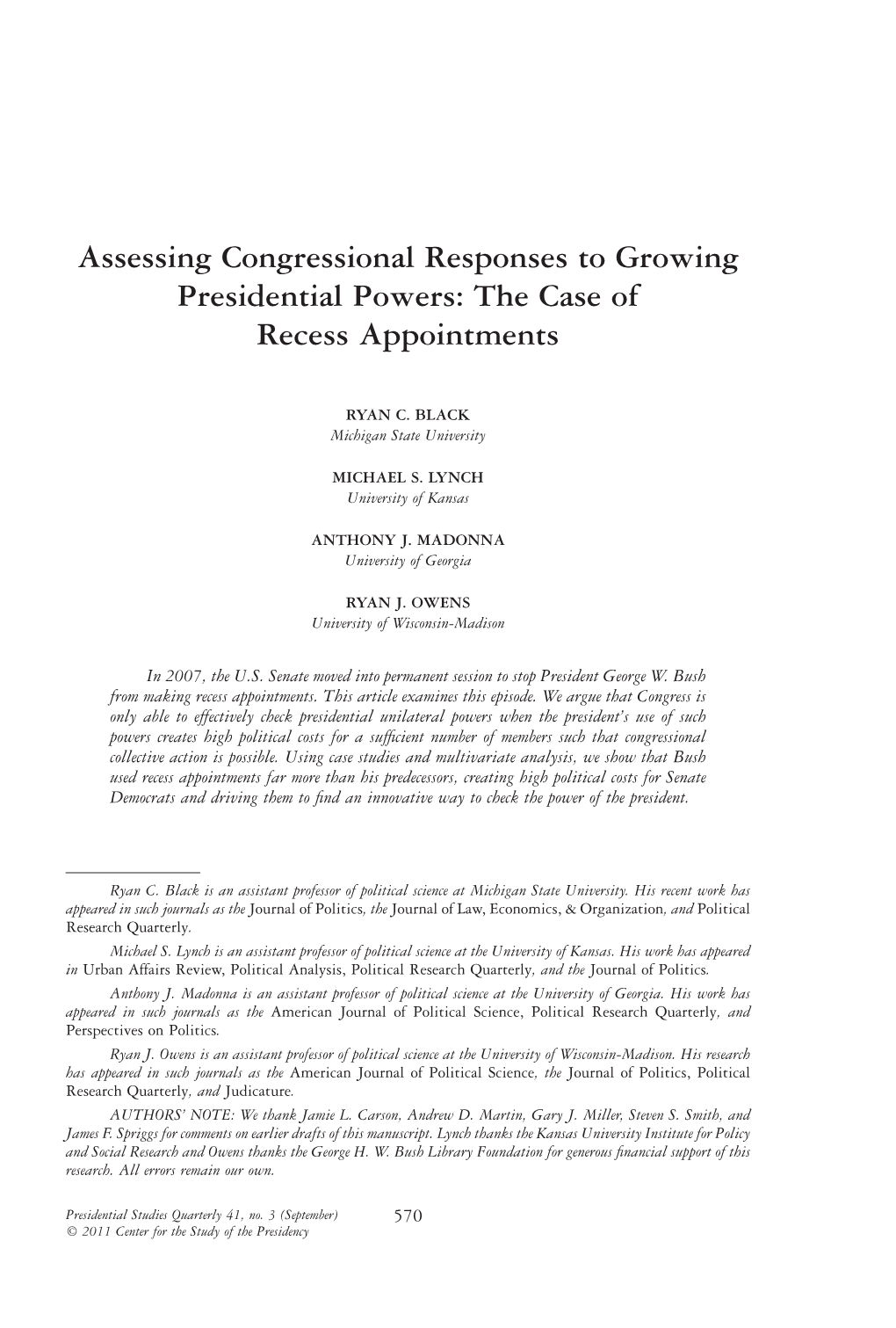 Assessing Congressional Responses to Growing Presidential Powers: the Case of Recess Appointments