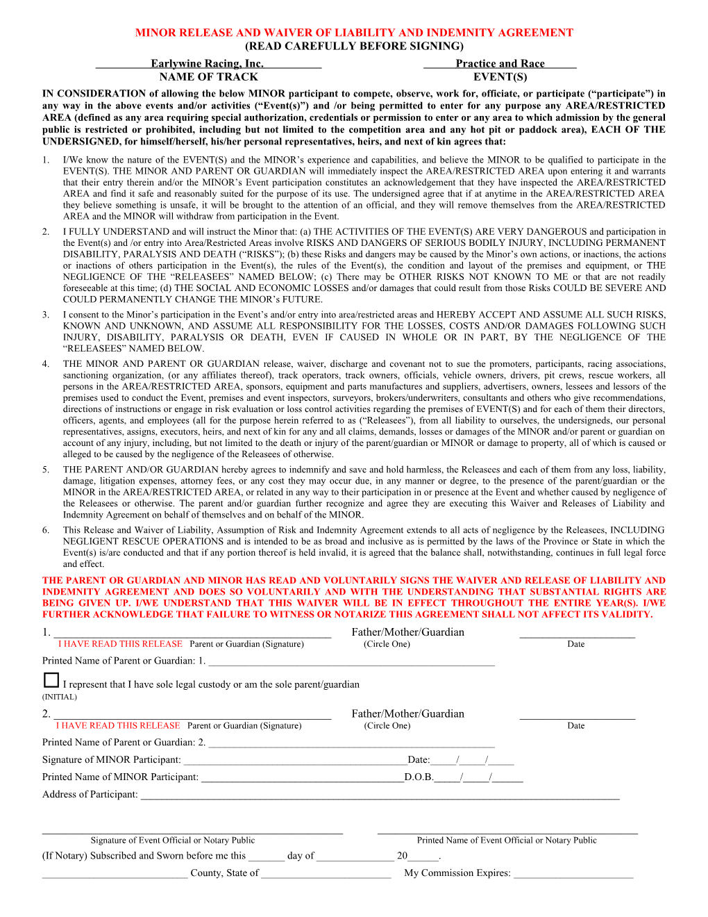 Mirror Release and Waiver of Liability and Indemnity Agreement