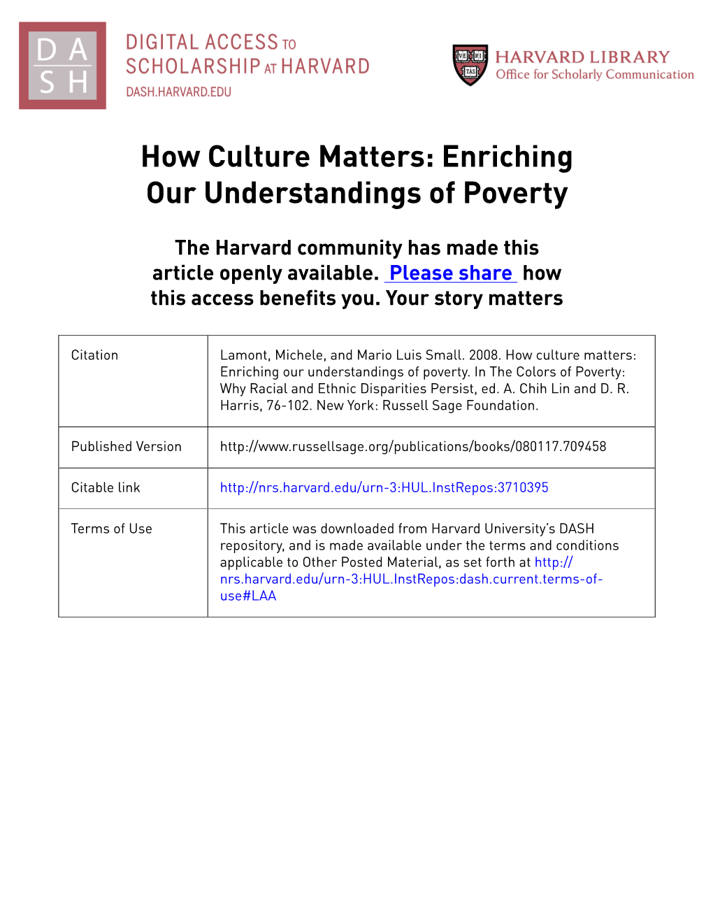 How Culture Matters: Enriching Our Understandings of Poverty