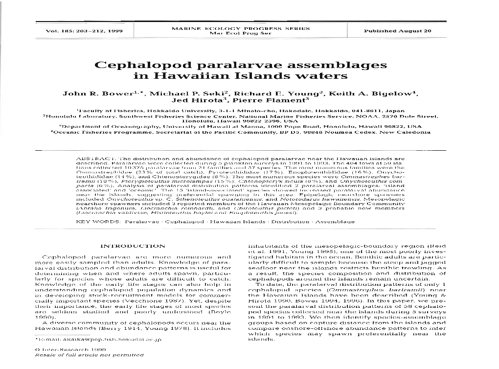 Cephalopod Paralarvae Assemblages in Hawaiian Islands Waters