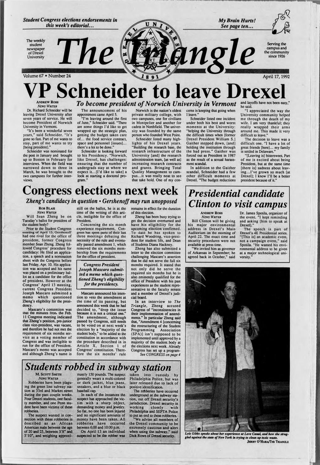 VP Schneider to Leave Drexel Andrew Ross and Layoffs Have Not Been Easy,” News Writer to Become President of Norwich University in Vermont He Said