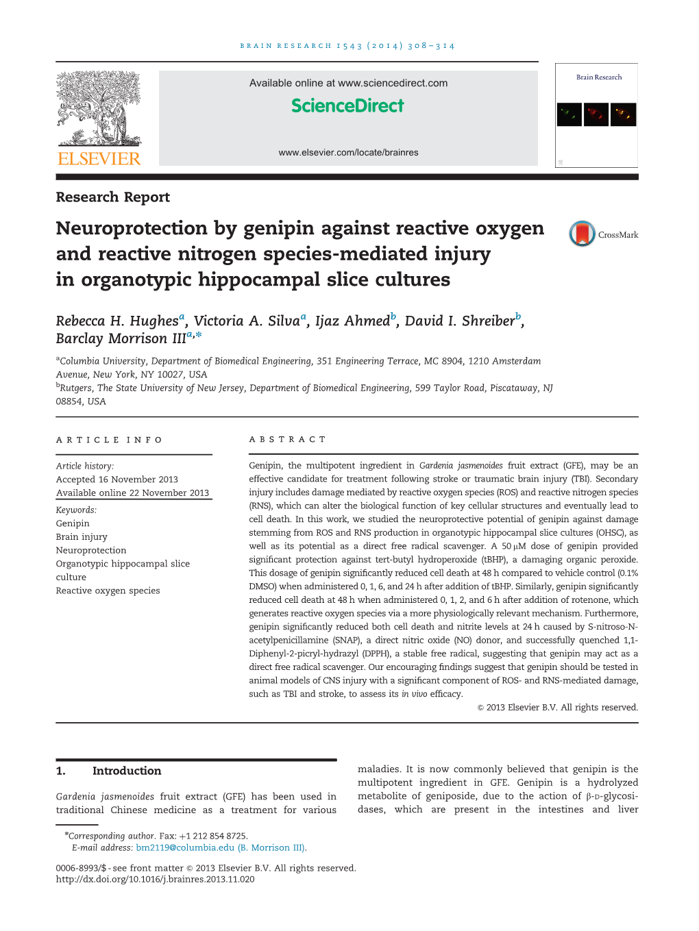 Neuroprotection by Genipin Against Reactive Oxygen and Reactive Nitrogen Species-Mediated Injury in Organotypic Hippocampal Slice Cultures